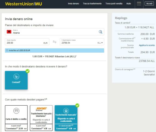 inviare soldi albania western union bonifico