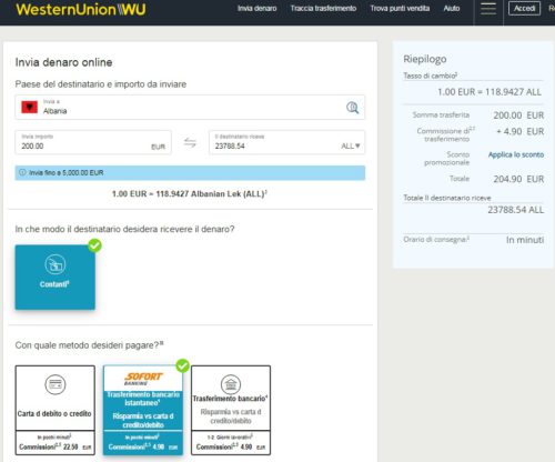 simulazione invio soldi in albania con western union sofort