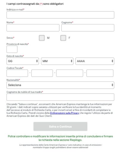 esempio form richiesta online carta oro amex