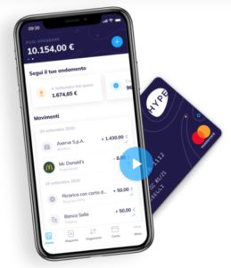 immagine cellulare con l'app di hype e carta di pagamento